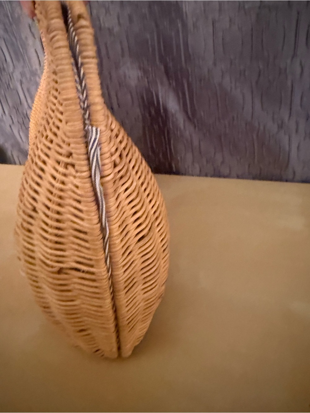 J. McLaughlin Woven Wicker Rattan Handbag Leather Handles Striped Lining - Picture 7 of 11